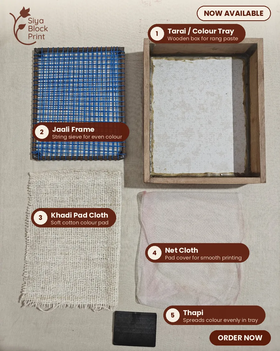 The five tools laid out and numbered: tarai colour tray, jaali frame, khadi pad cloth, net cloth and thapi